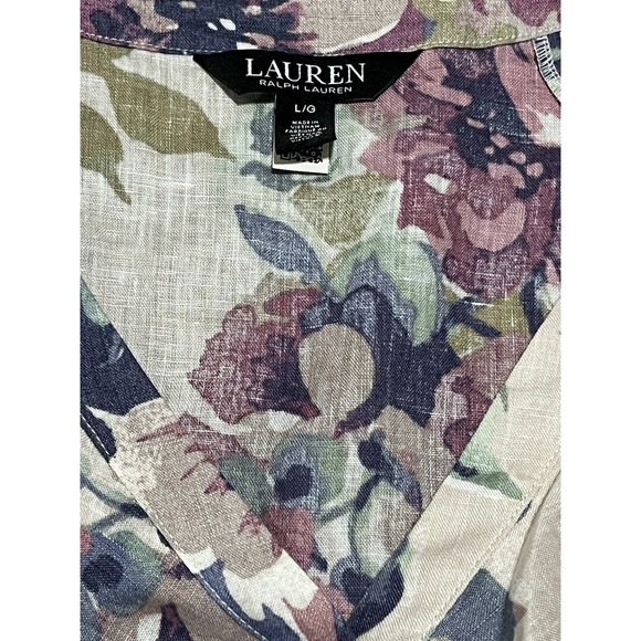 Lauren Ralph Lauren Floral Linen Blend Blouse Short Sleeve Tie Waist Size L - Picture 7 of 8
